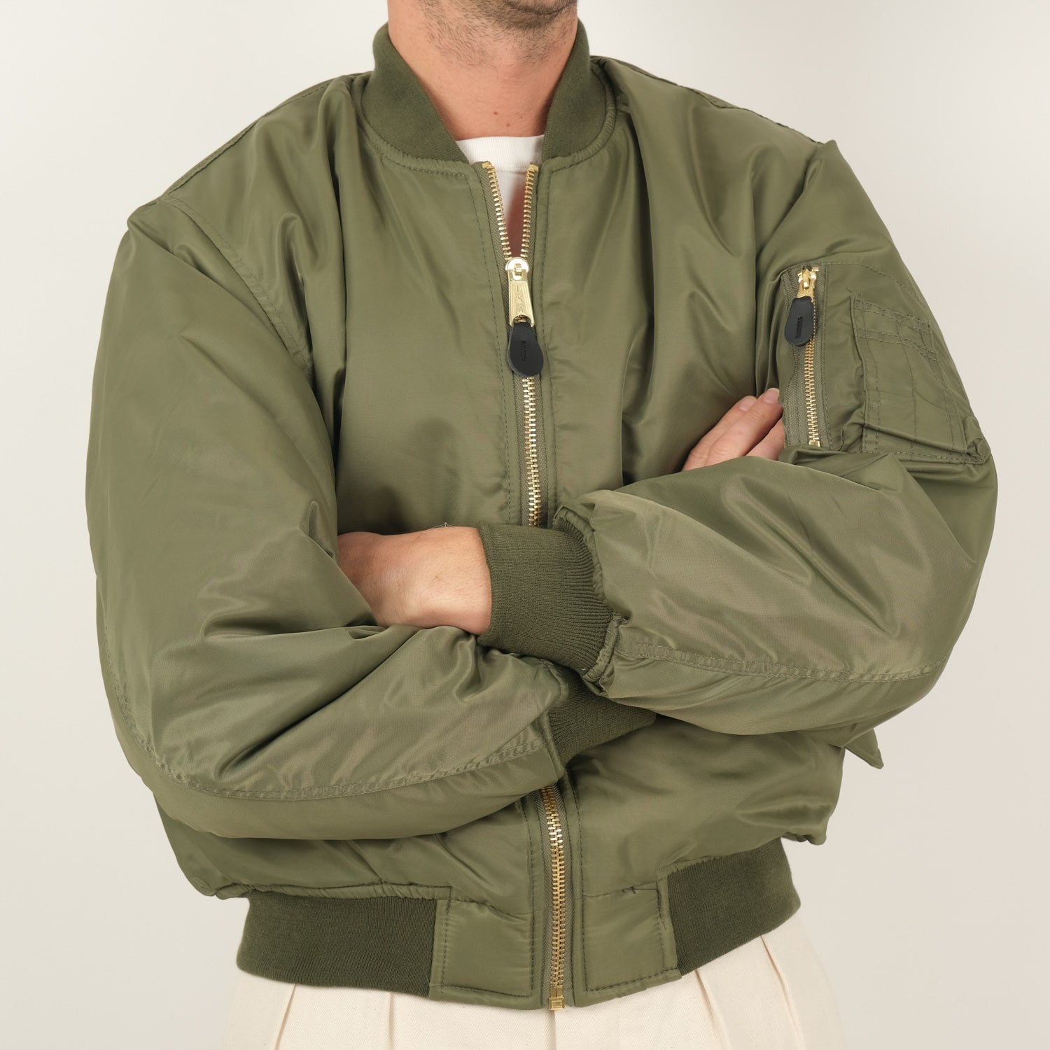 Green nylon bomber best sale jacket